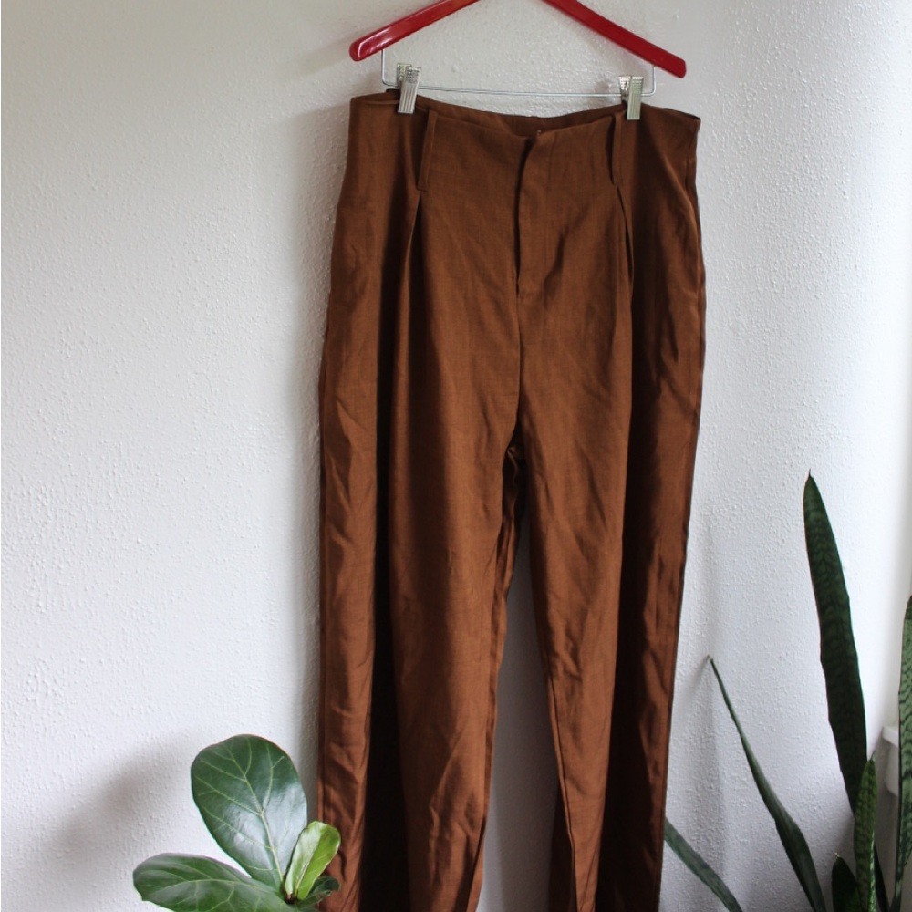 Brown High Waisted Tailored Trousers Straight Leg Minimal Chic M